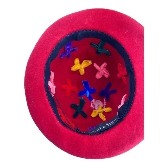 Whittaker & Shon 100% Doeskin Wool Red Felt‎ Hat Velvet Flowers Made In USA - Picture 7 of 15